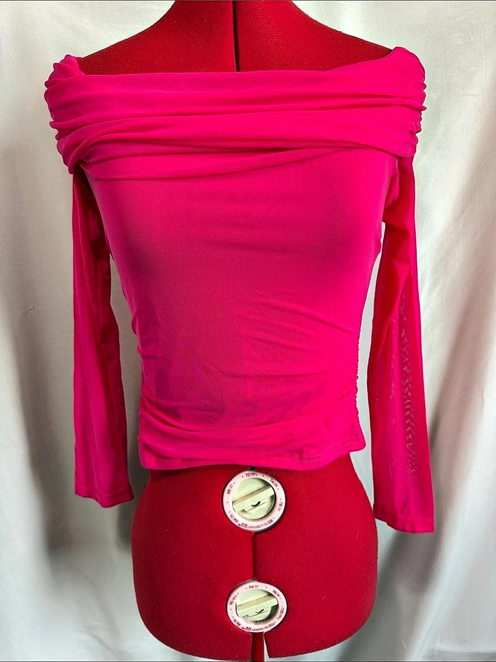 BTFBM Women'Small Off Shoulder Long Sleeve Ruched Mesh Blouse Pink Small